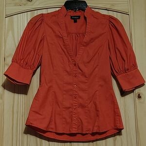 bebe Women's Rust Colored Fitted V-neck Button-Front Puff Sleeve Top Size Small
